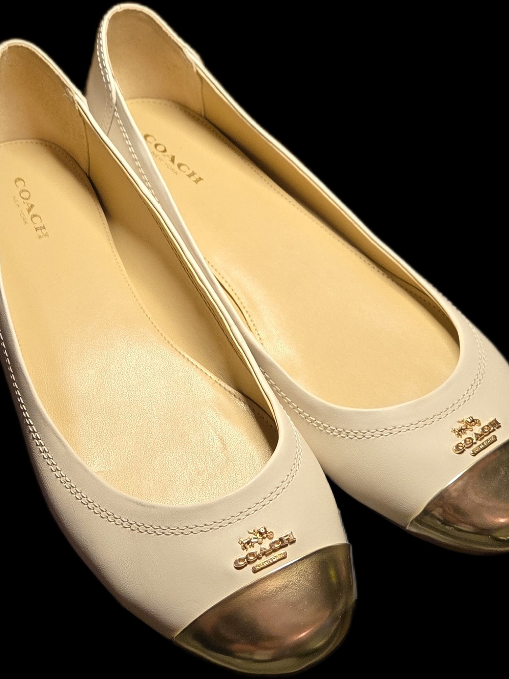 Coach Chelsea Cap Toe Leather Ballet Flats - Chalk Gold Metallic - Size 9.5